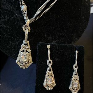 Silver Pearl Necklace & CZ Encrusted Estate Style Pendant & Earring Set